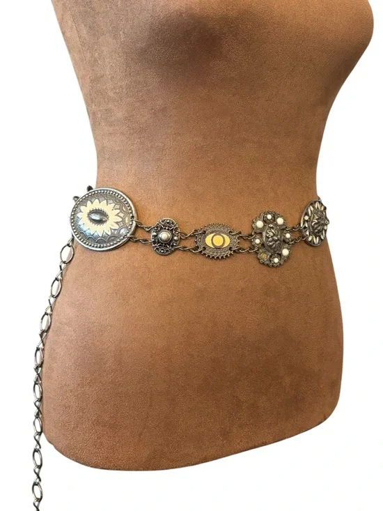 Chico's Gold Silver Tone Metal Waist Belt Western Boho Adj 22-42” Concho Rodeo - Picture 2 of 13